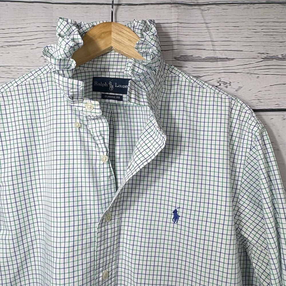 Polo Ralph Lauren Ruffle Collar Upcycled Re-worked Ladies Blouse Pony Mens Large